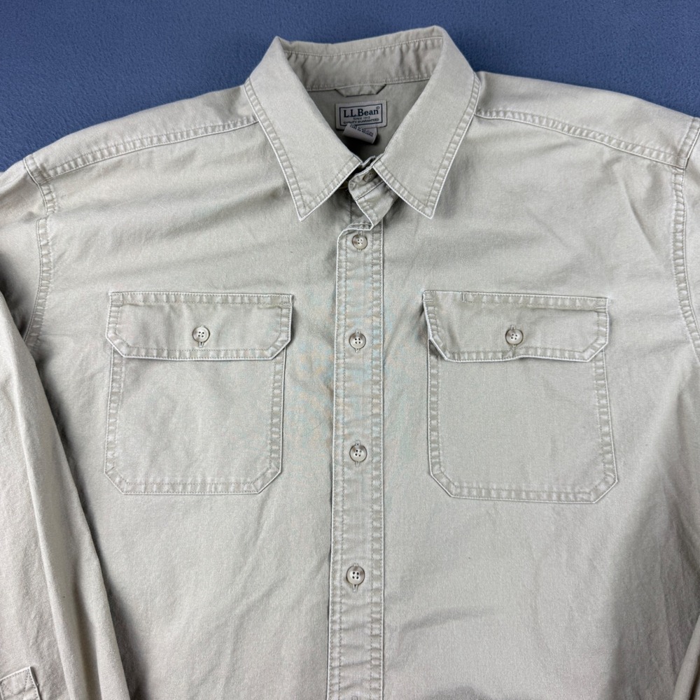 LL Bean Sunwashed Canvas Shirt Mens XLT Beige Flannel Workwear Chore Flap Pocket - Picture 4 of 7